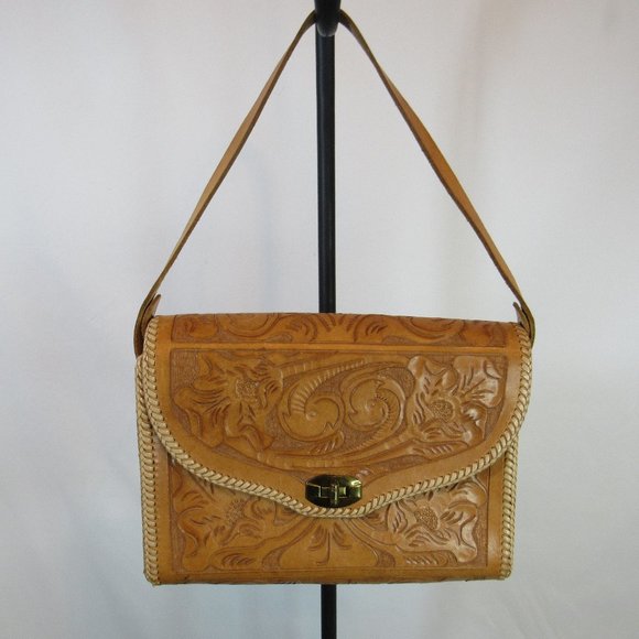 Handbags - Tan Hand Tooled Hard Sided Leather Shoulder Bag Purse